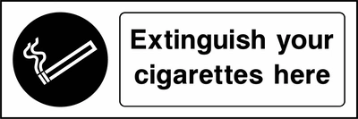 Extinguish your cigarettes here sign. black cigarette pictogram beside a black-and-white text panel. Artwork SMOK0069.