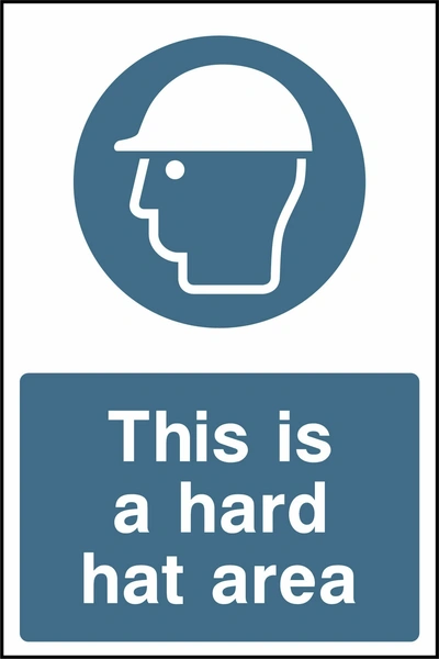 Blue and white mandatory sign with a safety helmet pictogram and This is a hard hat area wording. CONS0038 artwork.