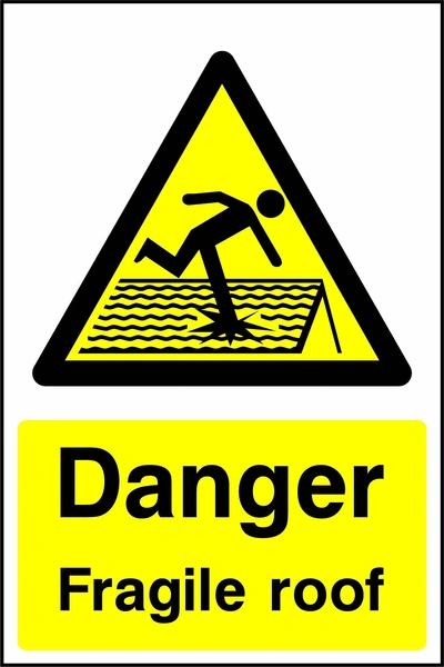 Yellow and black danger sign featuring a person falling through a roof pictogram and Danger Fragile roof wording. CONS0024 artwork.