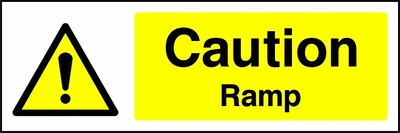 Yellow and black sign with an exclamation mark warning symbol and Caution — Ramp wording. CONS0050 artwork.