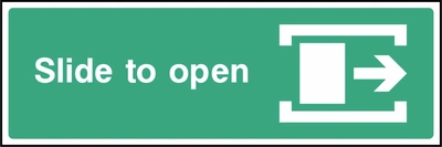 Green and white Slide to open sign showing right-pointing arrow. Artwork EMER0038.