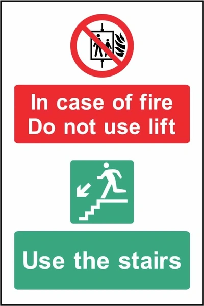 In case of fire Do not use lift — Use the stairs sign showing red lift prohibition and green stairs panels. Artwork EMER0081.