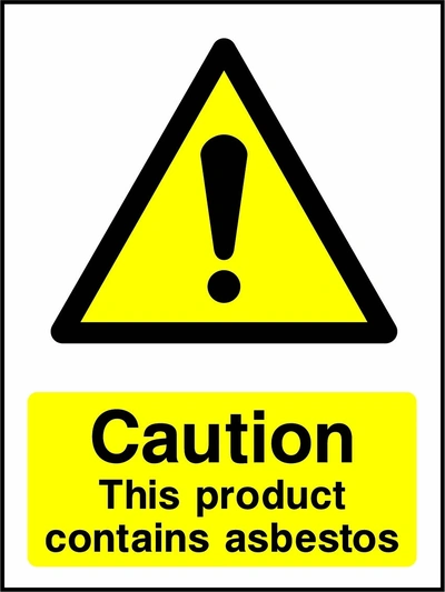 Caution — This product contains asbestos sign showing yellow exclamation warning pictogram above wording. Artwork GENE0068.