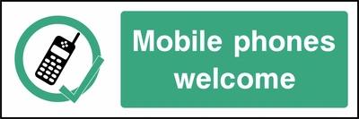 Mobile phones welcome sign showing mobile phone with green tick symbol beside wording. Artwork GENE0132.