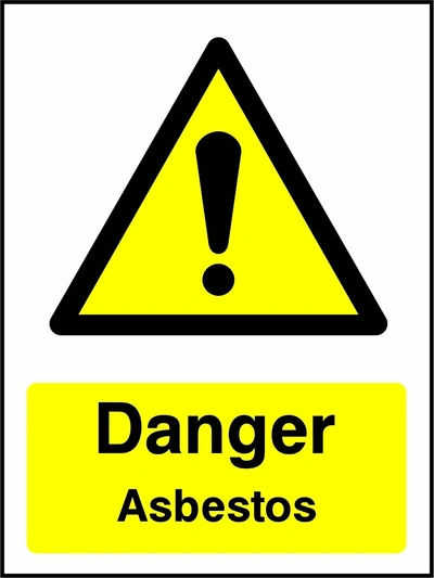 Danger — Asbestos sign showing yellow exclamation warning pictogram above wording. Artwork GENE0062.