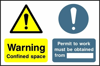 Warning — Confined space — Permit to work must be obtained from. Side-by-side panels. Artwork MULT0018.