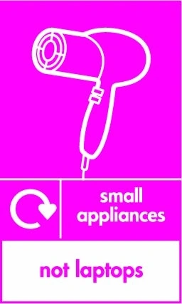 Small appliances — Not laptops sign showing white hairdryer pictogram with exclusion footer and small recycling arrow beside wording on magenta background. Artwork ELEC0109.