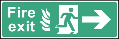 Green and white Fire exit sign showing right-pointing arrow. Artwork EMER0020.