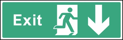 Green and white Exit sign showing downward arrow. Artwork EMER0016.