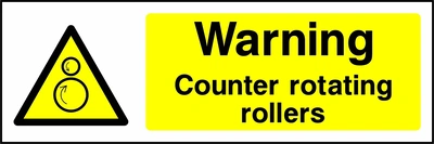 Warning — Counter rotating rollers sign showing yellow counter rotating rollers warning triangle beside wording. Artwork MACH0009.