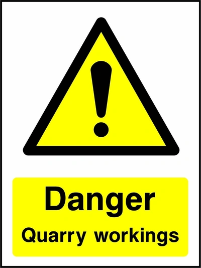 Danger — Quarry workings sign showing yellow exclamation warning pictogram above wording. Artwork GENE0071.