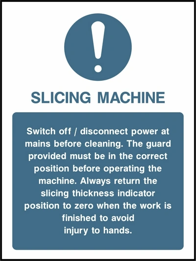 Slicing machine — Cleaning and blade safety. Food processing sign artwork FOOD0023.