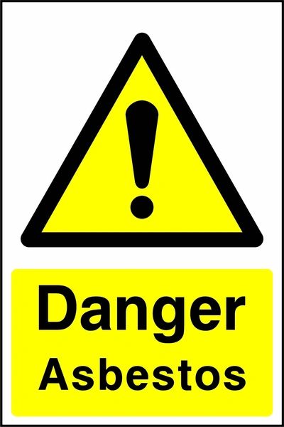 Yellow and black sign with an exclamation mark warning symbol and Danger — Asbestos wording. CONS0031 artwork.