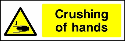 Crushing of hands sign showing yellow hand crushing warning triangle beside wording. Artwork MACH0007.