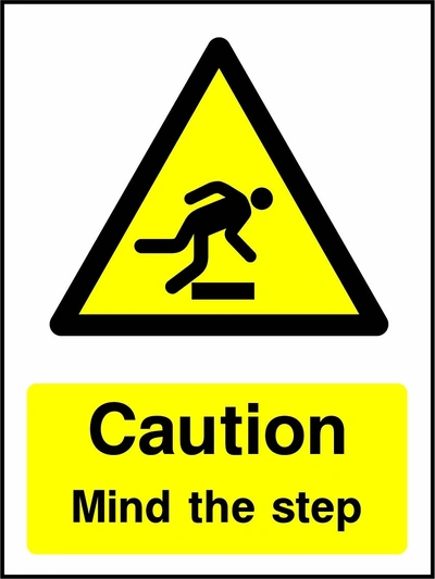 Caution — Mind the step sign showing yellow trip hazard warning pictogram above wording. Artwork GENE0058.