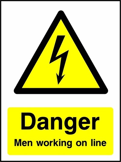 Danger — Men working on line sign showing yellow electrical lightning bolt warning triangle above wording. Artwork ELEC0055.