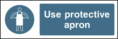 Use protective apron sign showing blue protective apron pictogram beside wording. Artwork PPE0021.