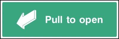 Green and white Pull to open sign showing a pull arrow. Artwork EMER0040.