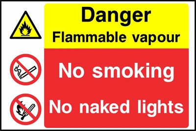Danger — Flammable vapour — No smoking — No naked lights. Stacked message panels. Artwork MULT0035.