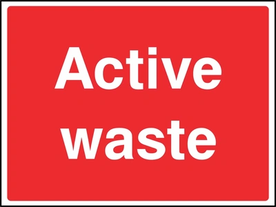 Large white lettering on a red background with Active waste wording. CONS0110 artwork.
