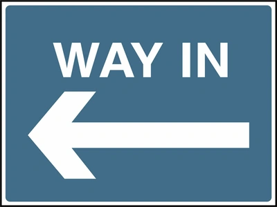 Way In — Left arrow sign. blue-grey background with white lettering. Supplied artwork PARK0009.