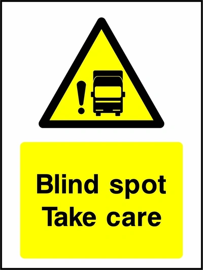 Blind spot — Take care sign showing yellow truck and exclamation warning pictogram above wording. Artwork GENE0094.