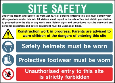 Collated site safety board with construction warning, helmets, protective footwear and no entry.