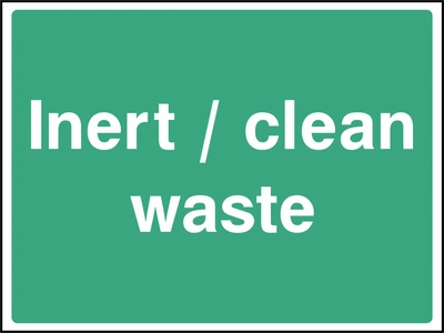 Large white lettering on a green background with Inert / clean waste wording. CONS0113 artwork.