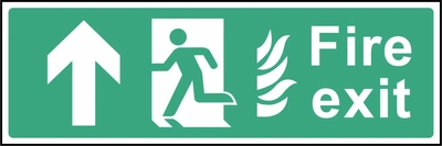 Green and white Fire exit sign showing upward arrow. Artwork EMER0023.