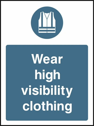 Wear high visibility clothing sign showing blue high visibility vest pictogram above wording. Artwork PPE0048.