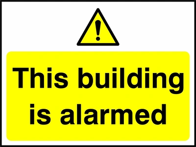 This building is alarmed sign. yellow pictogram and text panel. Artwork SECU0055.