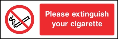 Please extinguish your cigarette sign. red cigarette or naked-flame prohibition pictogram beside a red wording panel. Artwork SMOK0016.