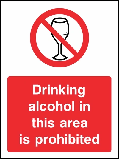 Drinking alcohol in this area is prohibited sign showing red wine glass prohibition symbol above wording. Artwork GENE0125.