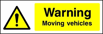 Warning — Moving vehicles sign showing yellow hazard warning artwork with the printed garage instruction. Artwork GARA0003.