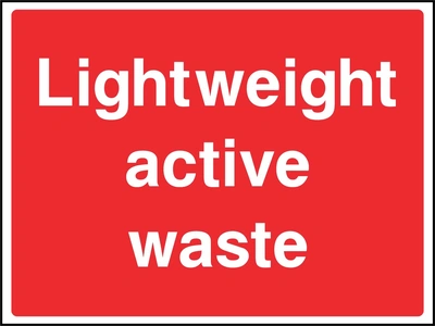 Large white lettering on a red background with Lightweight active waste wording. CONS0111 artwork.