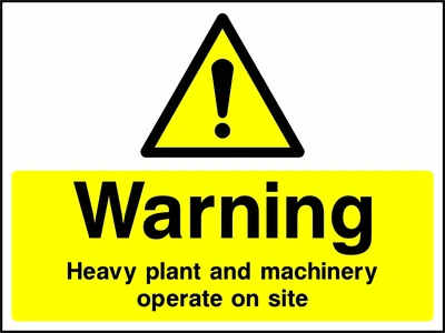 A black exclamation mark inside a yellow warning triangle above black wording on a yellow panel with Warning — Heavy plant and machinery operate on site wording. CONS0100 artwork.