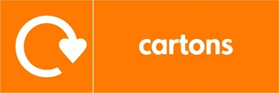 Cartons collection-point artwork with a white recycling arrow and wording on orange. OTHE0002.