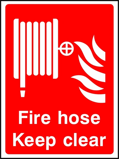 Fire hose — Keep clear sign showing hose pictogram and keep-clear wording. Artwork FEQP0001.