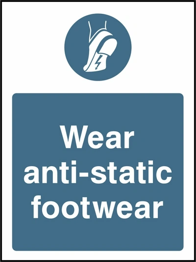 Wear anti-static footwear sign showing blue anti-static footwear pictogram above wording. Artwork PPE0046.