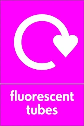 Fluorescent tubes sign showing white recycling arrow above wording on magenta background. Artwork ELEC0069.