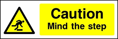 Caution — Mind the step sign showing yellow trip hazard warning pictogram beside wording. Artwork GENE0011.