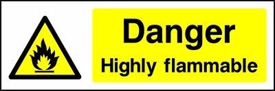 Danger — Highly flammable sign with yellow triangular flame pictogram beside wording. Artwork CHEM0039.