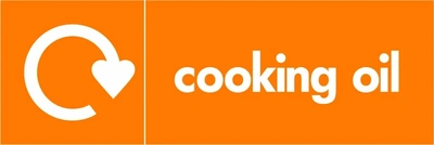 Cooking oil collection-point artwork with a white recycling arrow and wording on orange. OTHE0003.