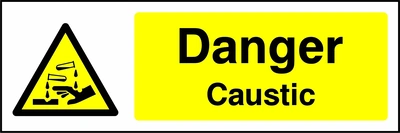 Danger — Caustic sign with yellow triangular corrosion pictogram beside wording. Artwork CHEM0002.