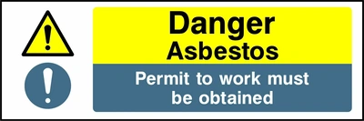 Danger — Asbestos — Permit to work must be obtained. Stacked message panels. Artwork MULT0024.