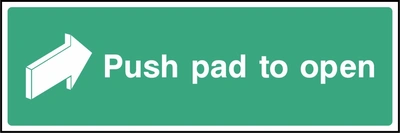 Green and white Push pad to open sign showing a push arrow. Artwork EMER0043.