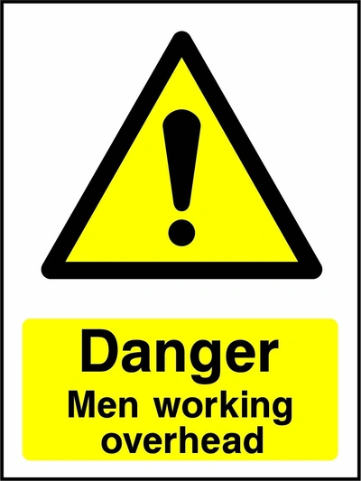 Danger — Men working overhead sign showing yellow exclamation warning pictogram above wording. Artwork GENE0049.