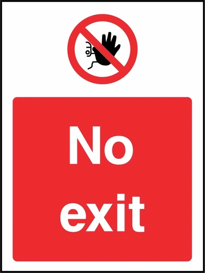 No exit sign showing red raised-hand prohibition symbol above wording. Artwork ACCE0032.