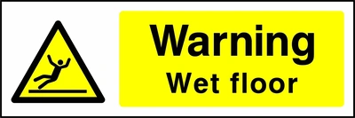 Warning — Wet floor sign showing yellow slipping person warning pictogram beside wording. Artwork GENE0017.