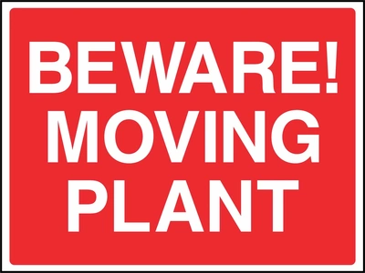 Large white lettering on a red background with BEWARE! MOVING PLANT wording. CONS0077 artwork.